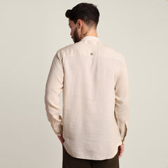 Solora Limited Edition Set Of 2 - Soft Linen Mandarin Collar Half Placket Shirt With Contrast Embroidery - Cotton Chino Pants - Beige & Army Green