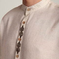 Solora Limited Edition Mandarin Collar Half Placket Shirt - Relaxed Fit - Diamond Popover Placket - Soft Linen – Beige With Contrast Embroidery