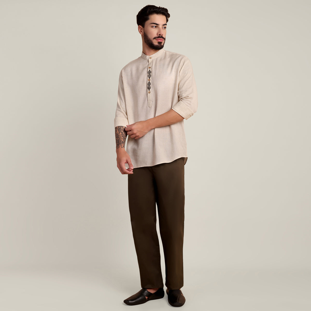 Solora Limited Edition Set Of 2 - Soft Linen Mandarin Collar Half Placket Shirt With Contrast Embroidery - Cotton Chino Pants - Beige & Army Green