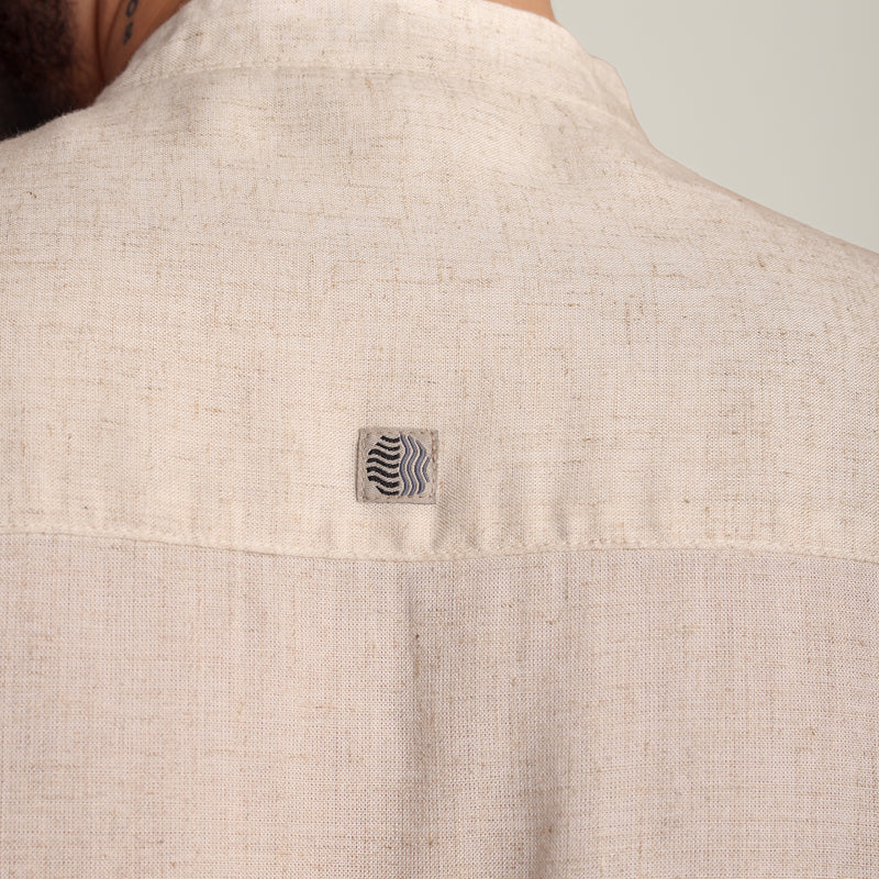 Solora Limited Edition Mandarin Collar Half Placket Shirt - Relaxed Fit - Diamond Popover Placket - Soft Linen – Beige With Contrast Embroidery