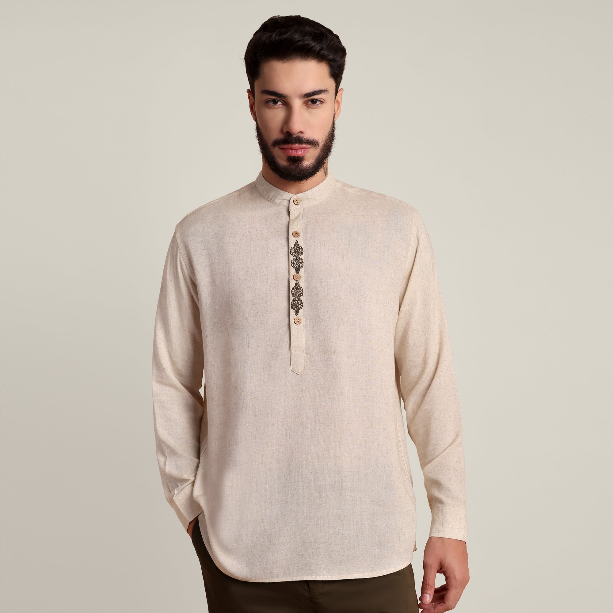 Solora Limited Edition Mandarin Collar Half Placket Shirt - Relaxed Fit - Diamond Popover Placket - Soft Linen – Beige With Contrast Embroidery