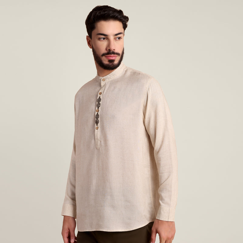 Solora Limited Edition Mandarin Collar Half Placket Shirt - Relaxed Fit - Diamond Popover Placket - Soft Linen – Beige With Contrast Embroidery