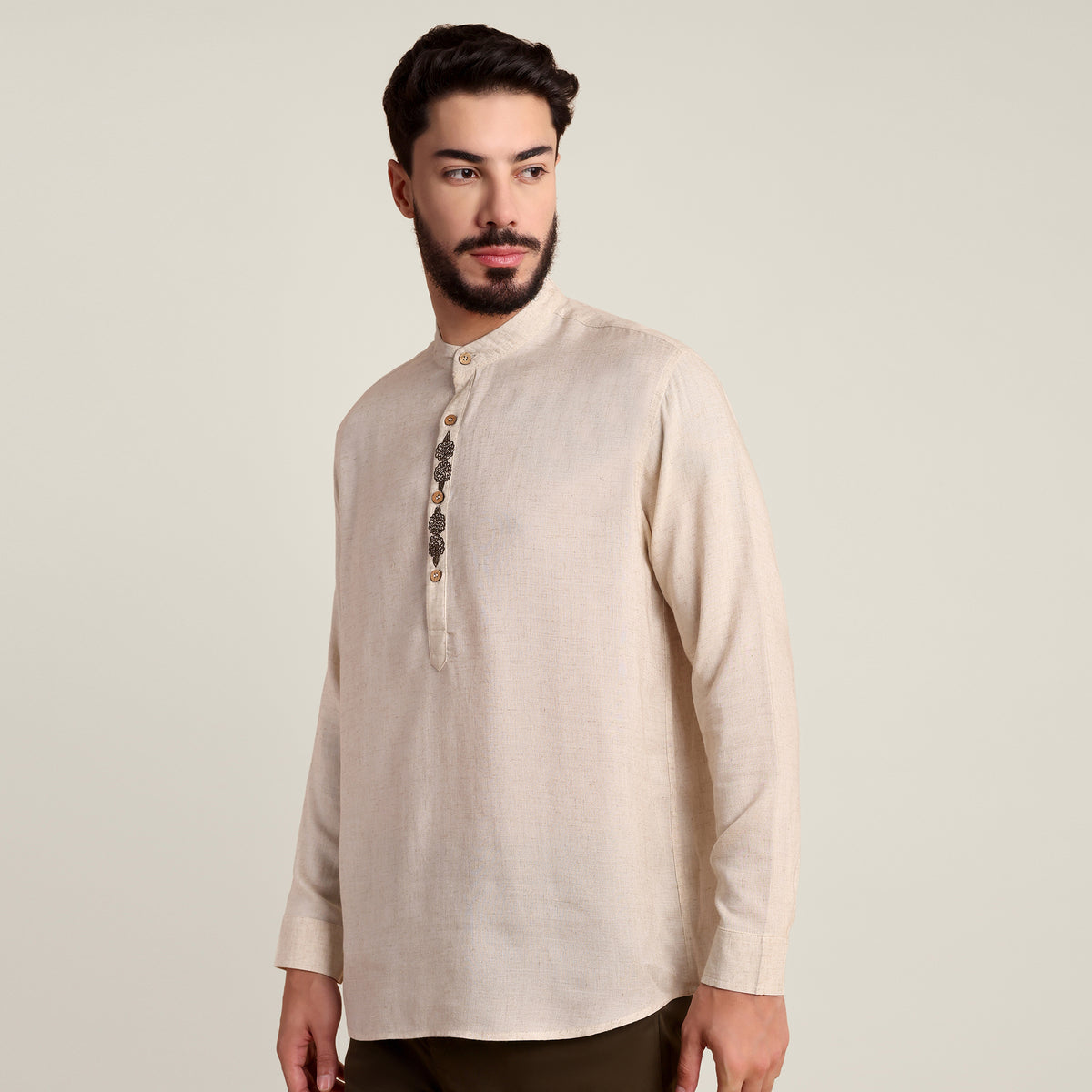 Solora Limited Edition Mandarin Collar Half Placket Shirt - Relaxed Fit - Diamond Popover Placket - Soft Linen – Beige With Contrast Embroidery