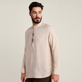 Solora Limited Edition Set Of 2 - Soft Linen Mandarin Collar Half Placket Shirt With Contrast Embroidery - Cotton Chino Pants - Beige & Army Green