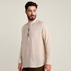 Solora Limited Edition Set Of 2 - Soft Linen Mandarin Collar Half Placket Shirt With Contrast Embroidery - Cotton Chino Pants - Beige & Army Green