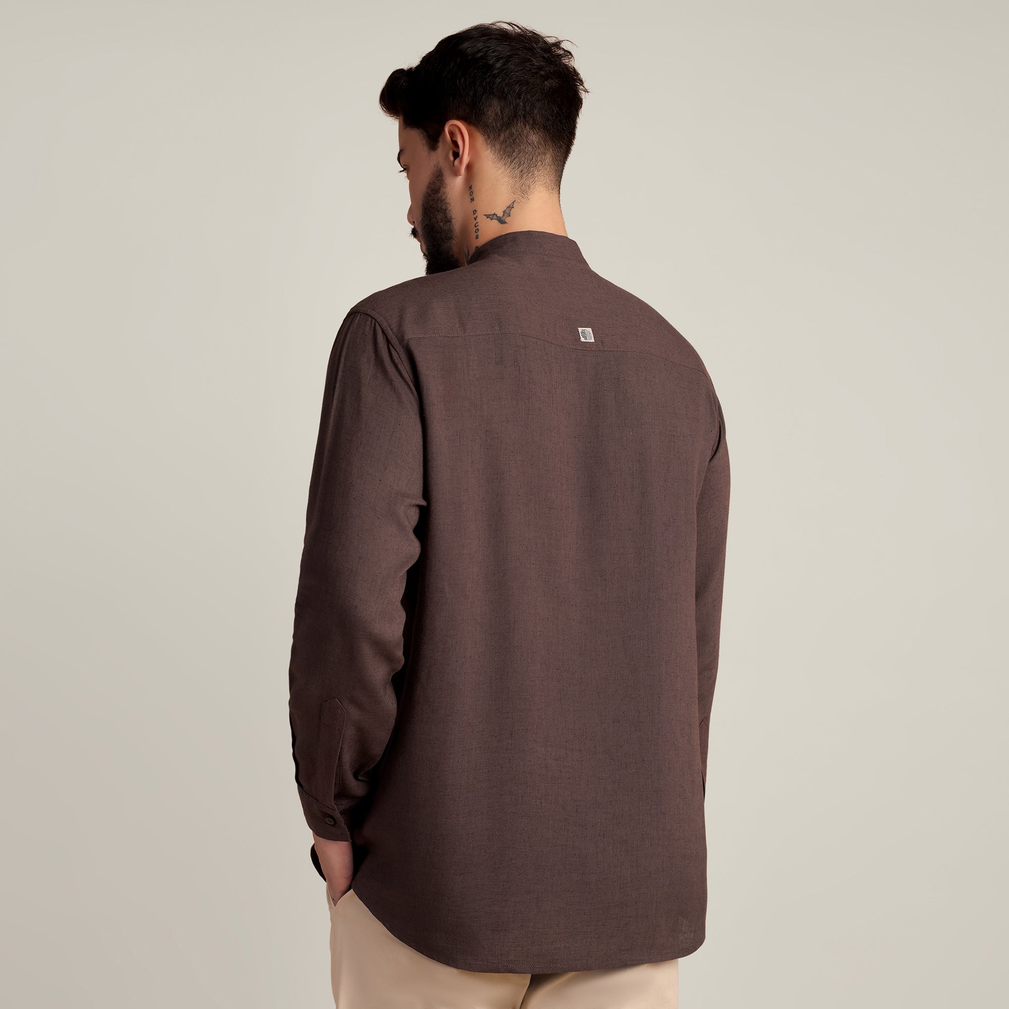 Solora Limited Edition Mandarin Collar Half Placket Shirt - Relaxed Fit - Diamond Popover Placket - Soft Linen – Coffee Brown With Tonal Embroidery