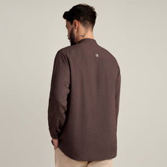Solora Limited Edition Mandarin Collar Half Placket Shirt - Relaxed Fit - Diamond Popover Placket - Soft Linen – Coffee Brown With Tonal Embroidery