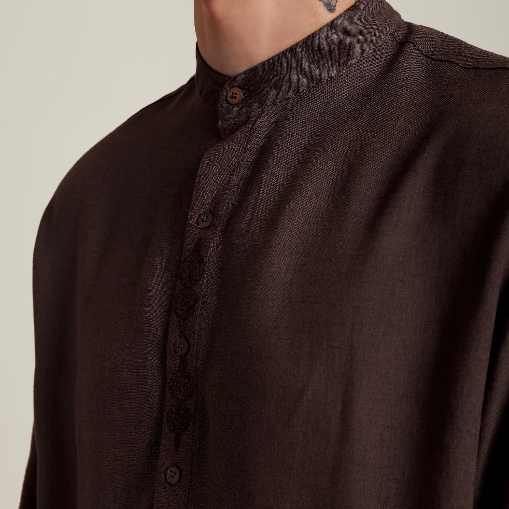 Solora Limited Edition Mandarin Collar Half Placket Shirt - Relaxed Fit - Diamond Popover Placket - Soft Linen – Coffee Brown With Tonal Embroidery