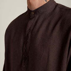 Solora Limited Edition Mandarin Collar Half Placket Shirt - Relaxed Fit - Diamond Popover Placket - Soft Linen – Coffee Brown With Tonal Embroidery