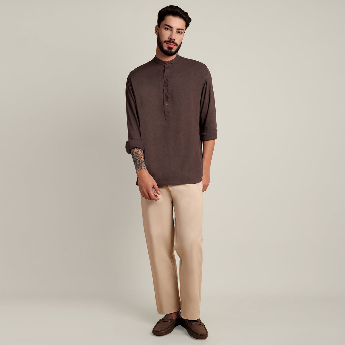 Solora Limited Edition Set Of 2 - Soft Linen Mandarin Collar Half Placket Shirt With Tonal Embroidery - Cotton Chino Pants - Coffee Brown & Beige