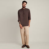 Solora Limited Edition Set Of 2 - Soft Linen Mandarin Collar Half Placket Shirt With Tonal Embroidery - Cotton Chino Pants - Coffee Brown & Beige