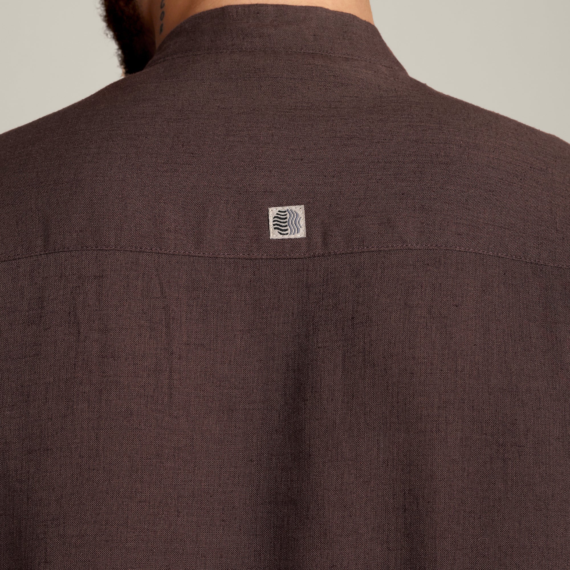 Solora Limited Edition Mandarin Collar Half Placket Shirt - Relaxed Fit - Diamond Popover Placket - Soft Linen – Coffee Brown With Tonal Embroidery