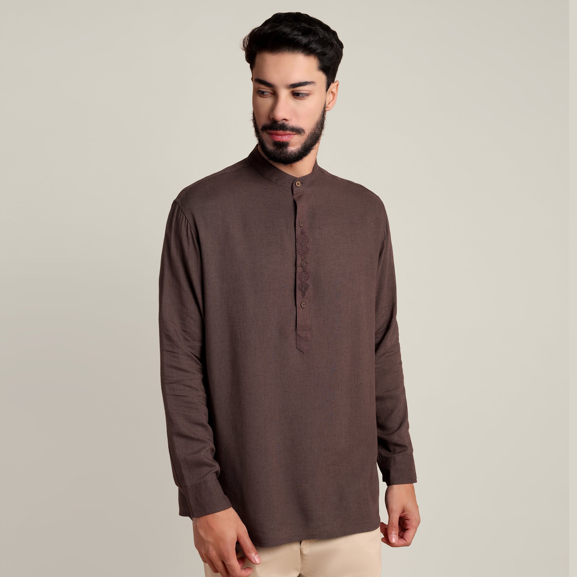 Solora Limited Edition Mandarin Collar Half Placket Shirt - Relaxed Fit - Diamond Popover Placket - Soft Linen – Coffee Brown With Tonal Embroidery