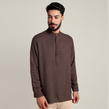 Solora Limited Edition Set Of 2 - Soft Linen Mandarin Collar Half Placket Shirt With Tonal Embroidery - Cotton Chino Pants - Coffee Brown & Beige