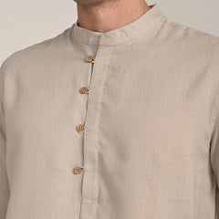 Iki Shirt - Regular Fit - Mandarin Collar - Popover Placket - Loop Button Closure  Natural Grey