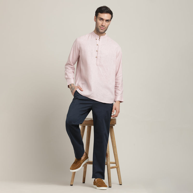 Iki Set of 2 - Regular Fit Mandarin Collar Shirt With Popover Placket & Loop Closure Paired With Relaxed Fit Straight Leg Chinos – Pastel Pink & Navy Blue