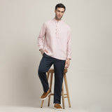 Iki Set of 2 - Regular Fit Mandarin Collar Shirt With Popover Placket & Loop Closure Paired With Relaxed Fit Straight Leg Chinos – Pastel Pink & Navy Blue