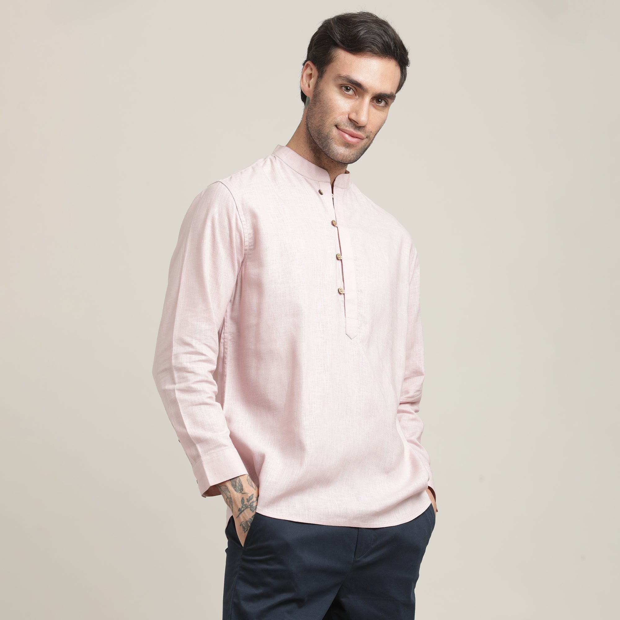 Iki Shirt - Regular Fit - Mandarin Collar - Popover Placket - Loop Button Closure – Pastel Pink
