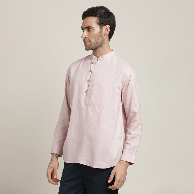 Iki Shirt - Regular Fit - Mandarin Collar - Popover Placket - Loop Button Closure – Pastel Pink