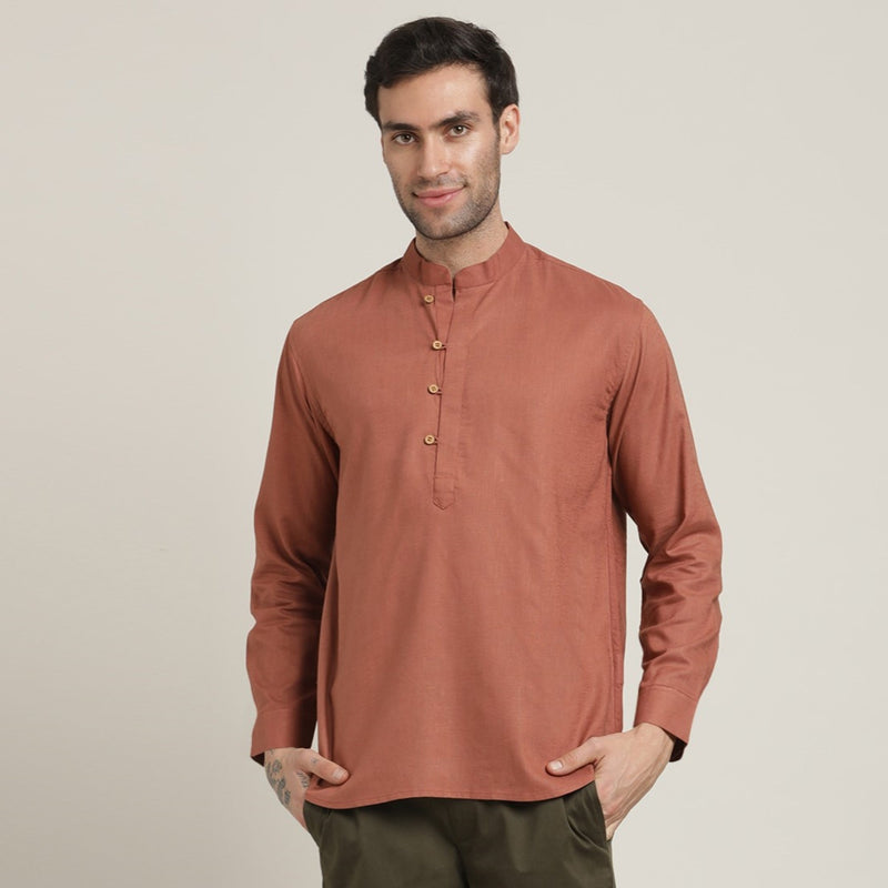 Iki Shirt - Regular Fit - Mandarin Collar - Popover Placket - Loop Button Closure – Terracotta Brown