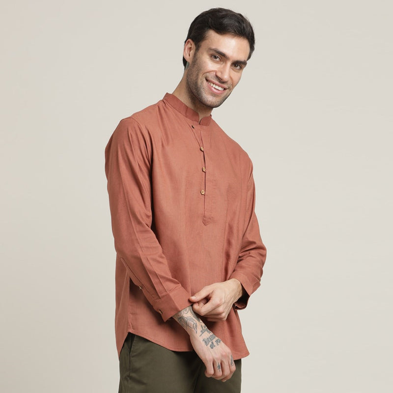 Iki Shirt - Regular Fit - Mandarin Collar - Popover Placket - Loop Button Closure – Terracotta Brown