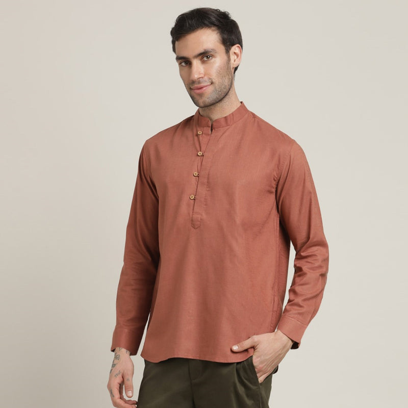 Iki Shirt - Regular Fit - Mandarin Collar - Popover Placket - Loop Button Closure – Terracotta Brown