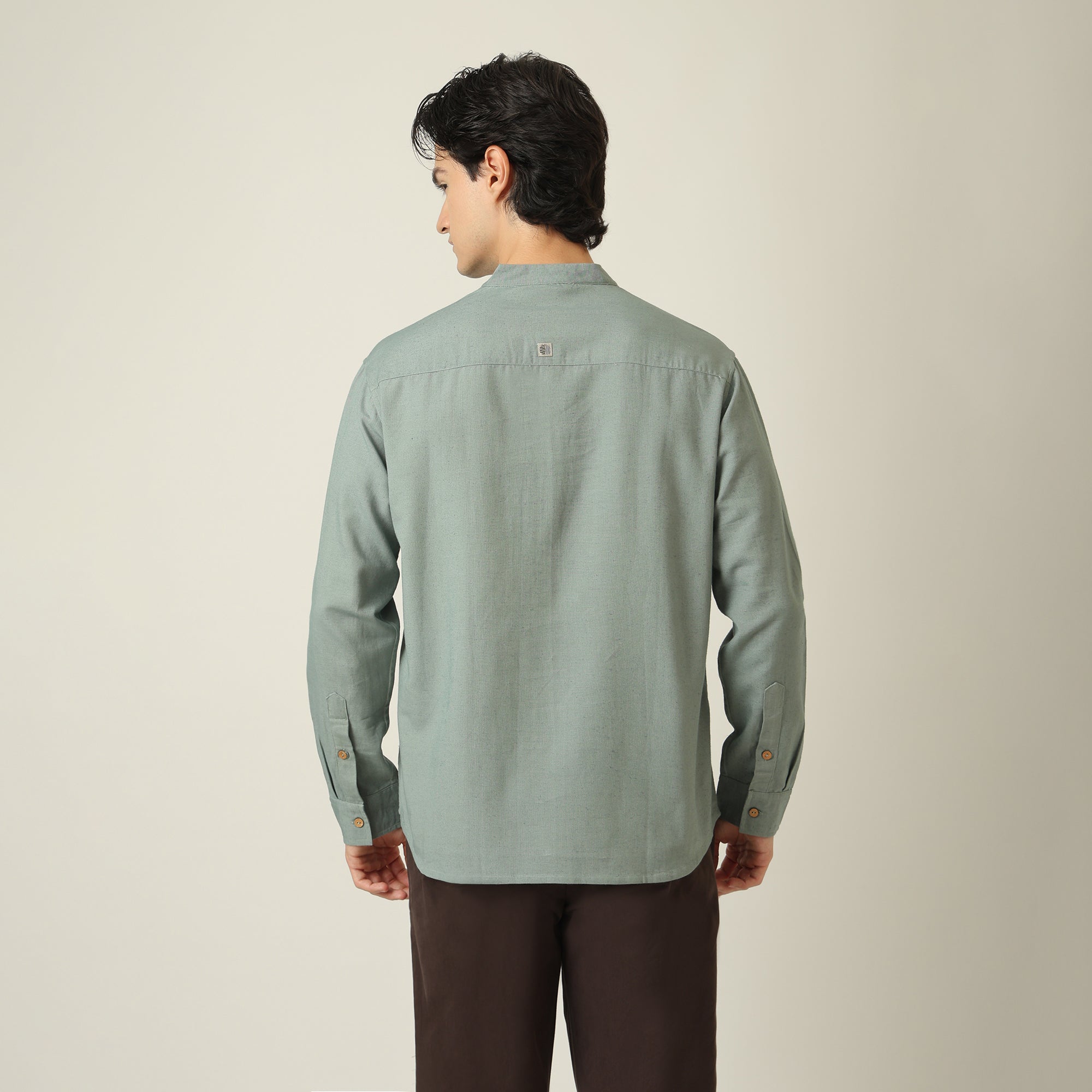 Indrazen Shirt - Relaxed Fit - Mandarin Collar - Diamond Popover Placket - Linen Blend Agave Green