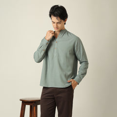 Indrazen Shirt - Relaxed Fit - Mandarin Collar - Diamond Popover Placket - Linen Blend Agave Green