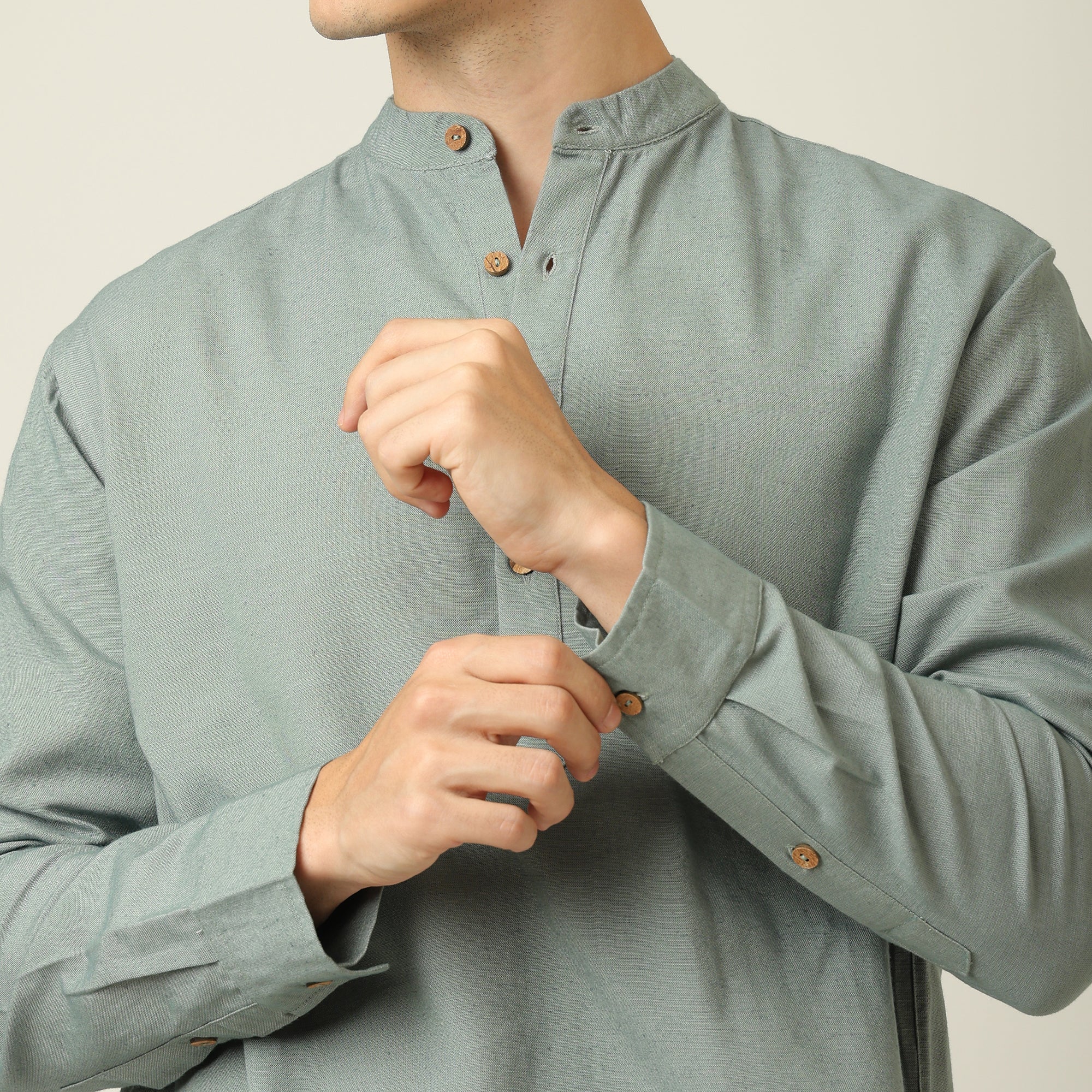 Indrazen Shirt - Relaxed Fit - Mandarin Collar - Diamond Popover Placket - Linen Blend Agave Green