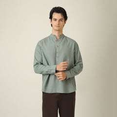 Indrazen Shirt - Relaxed Fit - Mandarin Collar - Diamond Popover Placket - Linen Blend Agave Green