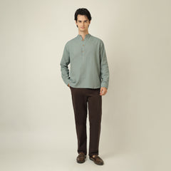 Indrazen Set of 2 - Mandarin Collar Diamond Popover Placket Shirt & Pleated Chinos –  Agave Green & Coffee Brown