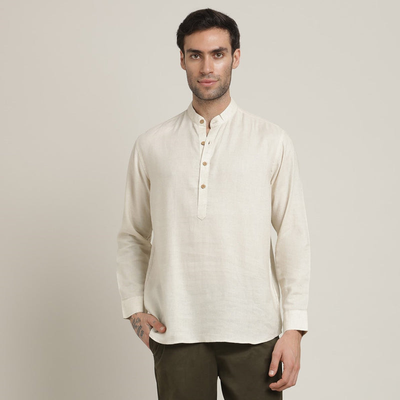 Indrazen Set of 2 - Mandarin Collar Diamond Popover Placket Shirt & Pleated Chinos – Beige & Army Green