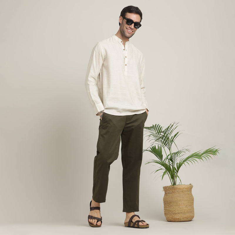 Indrazen Set of 2 - Mandarin Collar Diamond Popover Placket Shirt & Pleated Chinos – Beige & Army Green