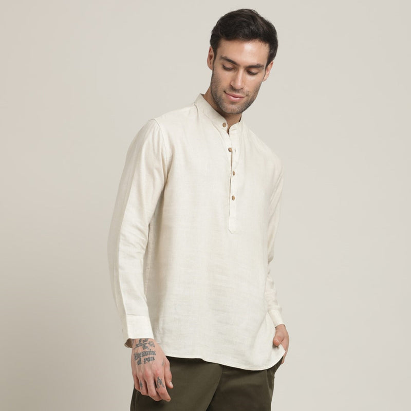 Indrazen Shirt - Relaxed Fit - Mandarin Collar - Diamond Popover Placket - Linen Blend – Beige