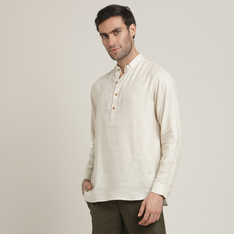 Indrazen Shirt - Relaxed Fit - Mandarin Collar - Diamond Popover Placket - Linen Blend – Beige