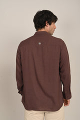 Indrazen Shirt - Relaxed Fit - Mandarin Collar - Diamond Popover Placket - Linen Blend – Coffee Brown