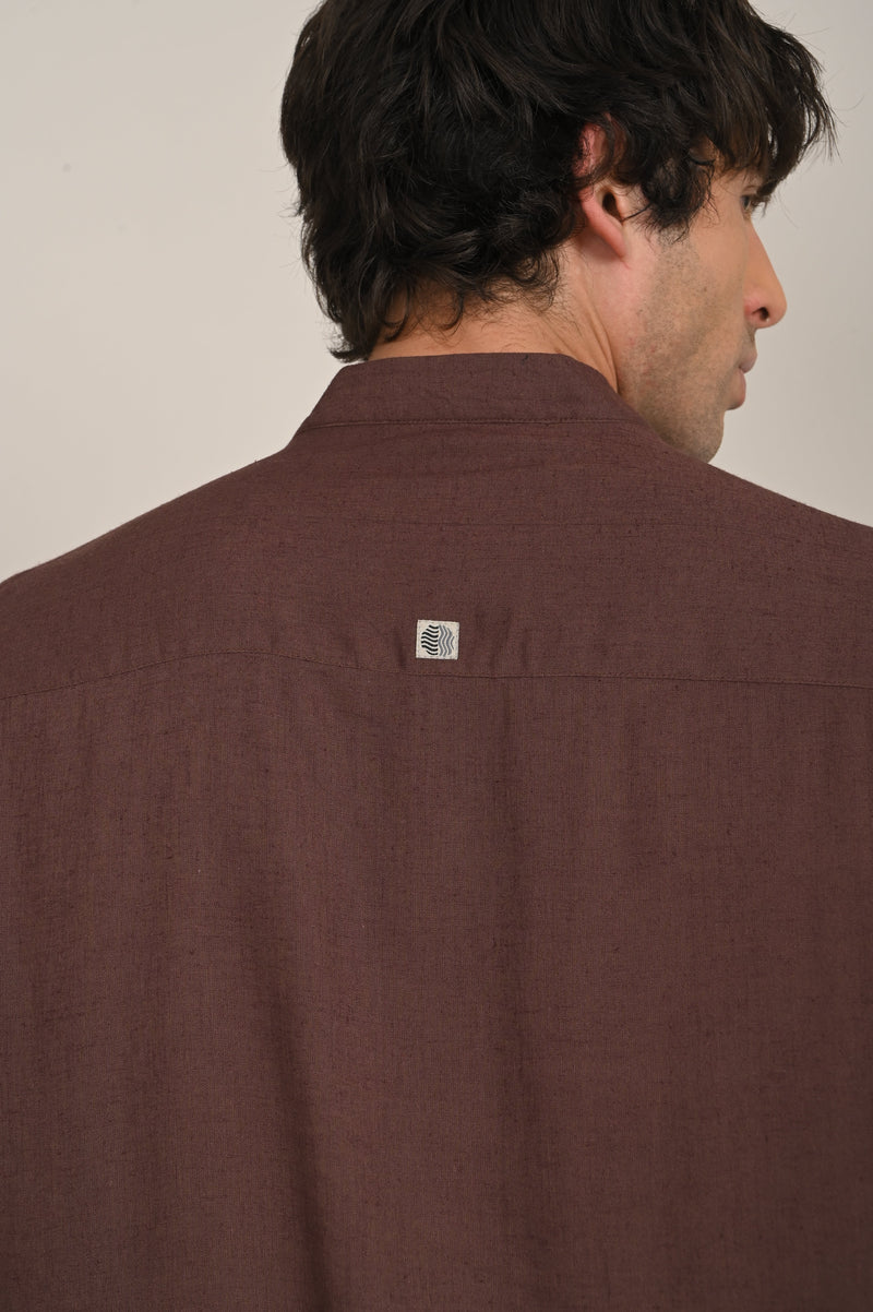 Indrazen Set of 2 - Mandarin Collar Diamond Popover Placket Shirt & Pleated Chinos  Coffee Brown & Beige