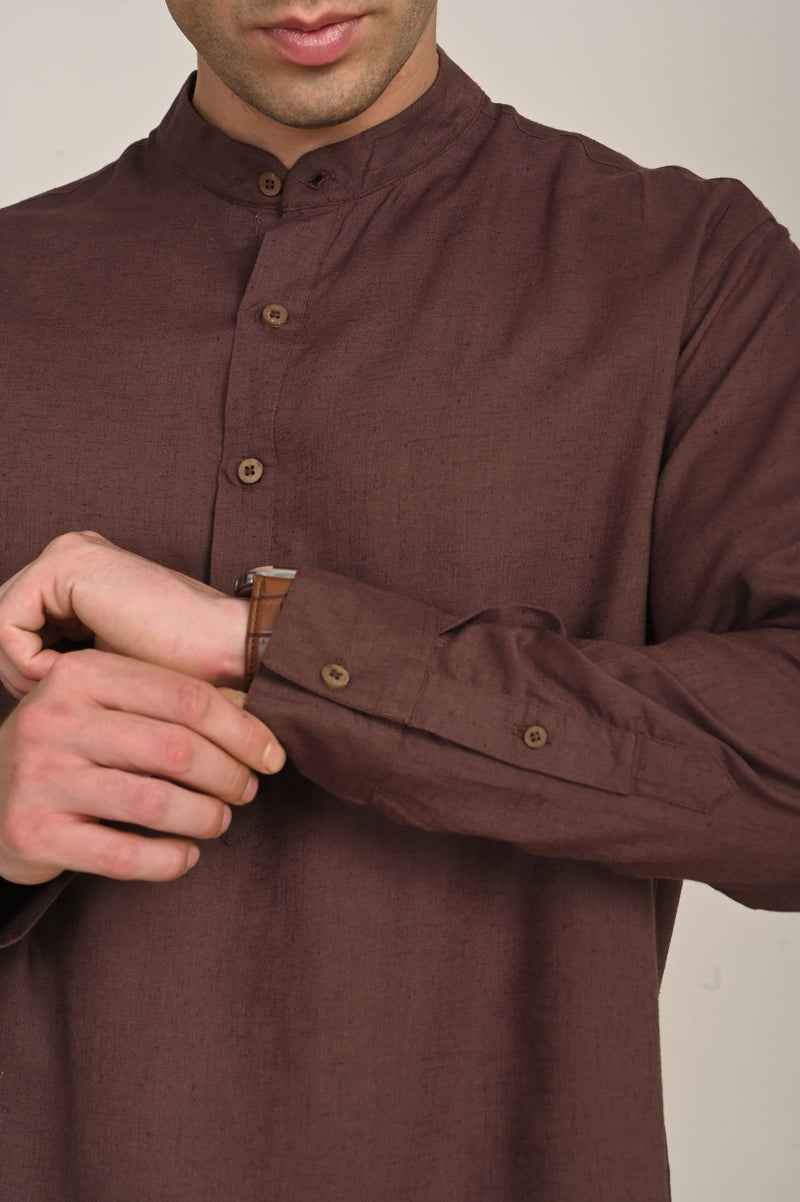 Indrazen Set of 2 - Mandarin Collar Diamond Popover Placket Shirt & Pleated Chinos  Coffee Brown & Beige