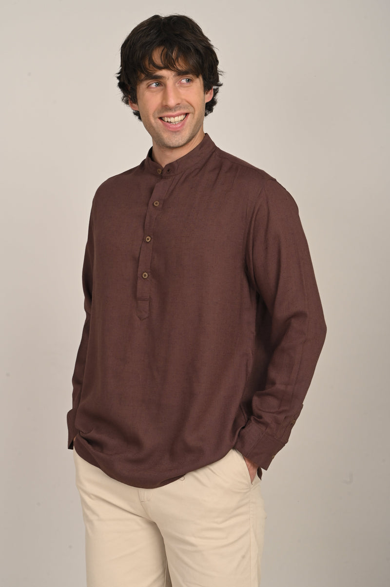 Indrazen Set of 2 - Mandarin Collar Diamond Popover Placket Shirt & Pleated Chinos  Coffee Brown & Beige