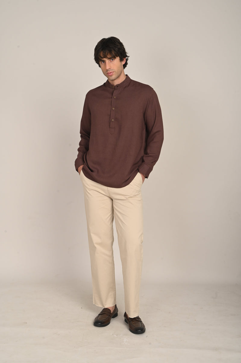 Indrazen Set of 2 - Mandarin Collar Diamond Popover Placket Shirt & Pleated Chinos  Coffee Brown & Beige