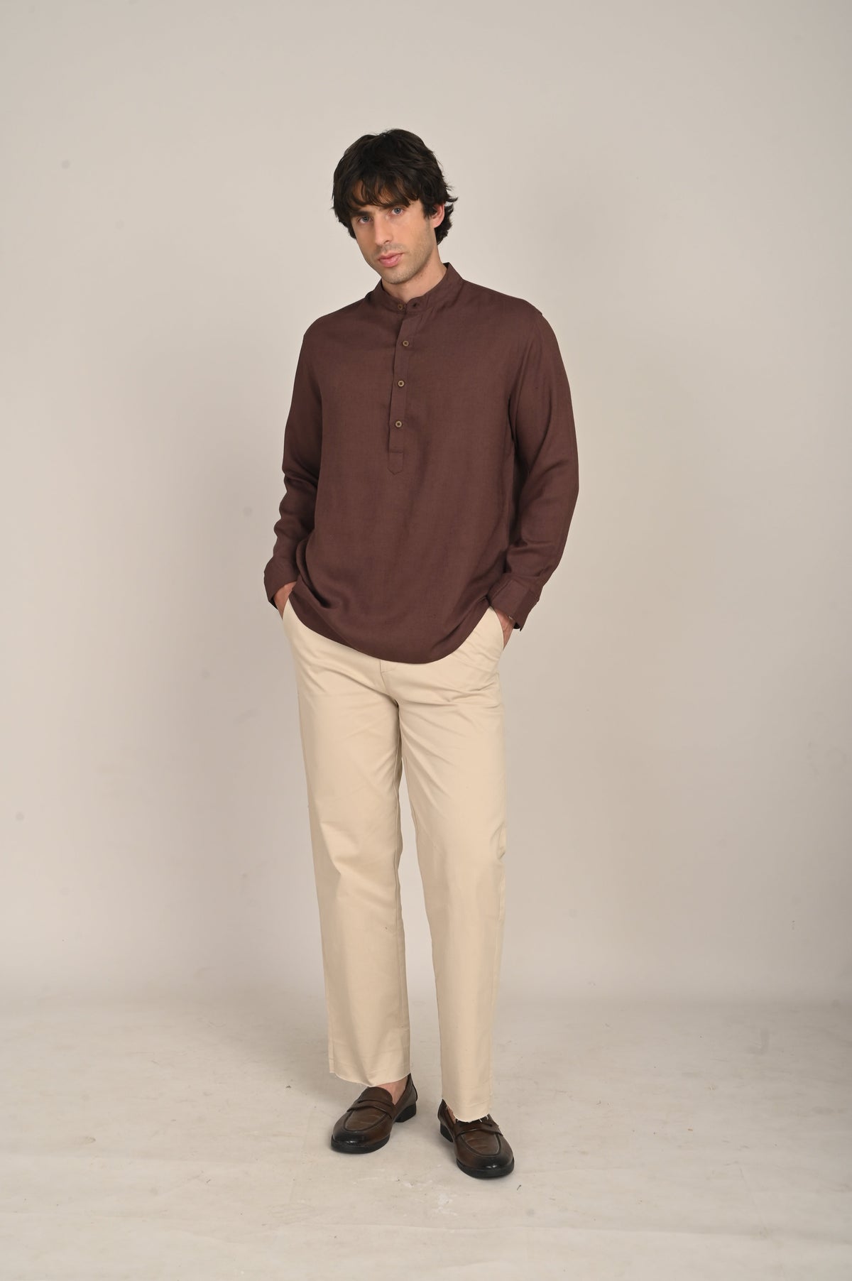 Indrazen Shirt - Relaxed Fit - Mandarin Collar - Diamond Popover Placket - Linen Blend – Coffee Brown