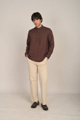 Indrazen Shirt - Relaxed Fit - Mandarin Collar - Diamond Popover Placket - Linen Blend – Coffee Brown
