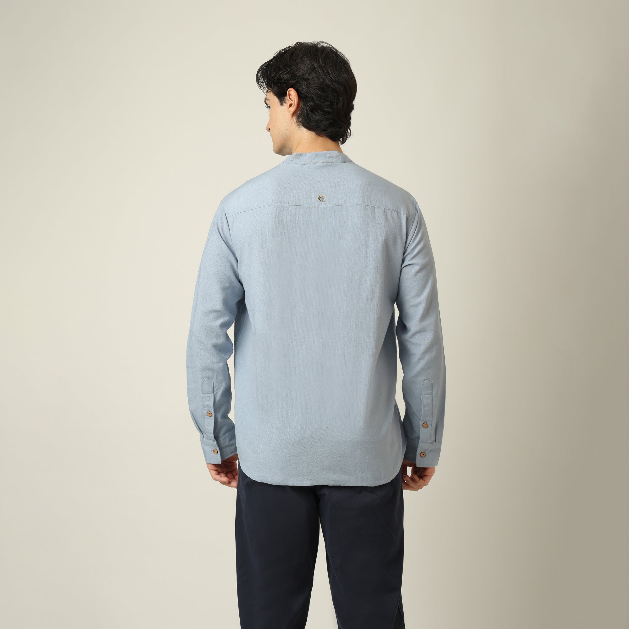 Indrazen Shirt - Relaxed Fit - Mandarin Collar - Diamond Popover Placket - Linen Blend Dusty Blue