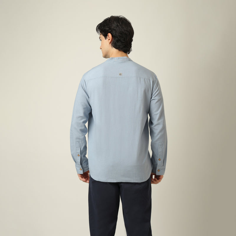 Indrazen Set of 2 - Mandarin Collar Diamond Popover Placket Shirt & Pleated Chinos – Dusty Blue & Navy Blue