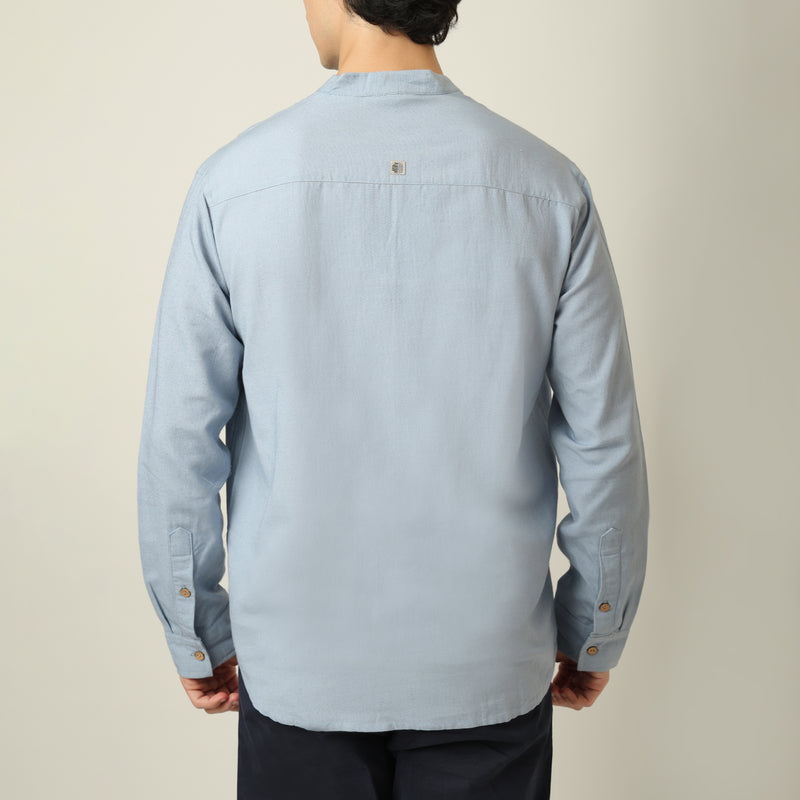 Indrazen Shirt - Relaxed Fit - Mandarin Collar - Diamond Popover Placket - Linen Blend Dusty Blue