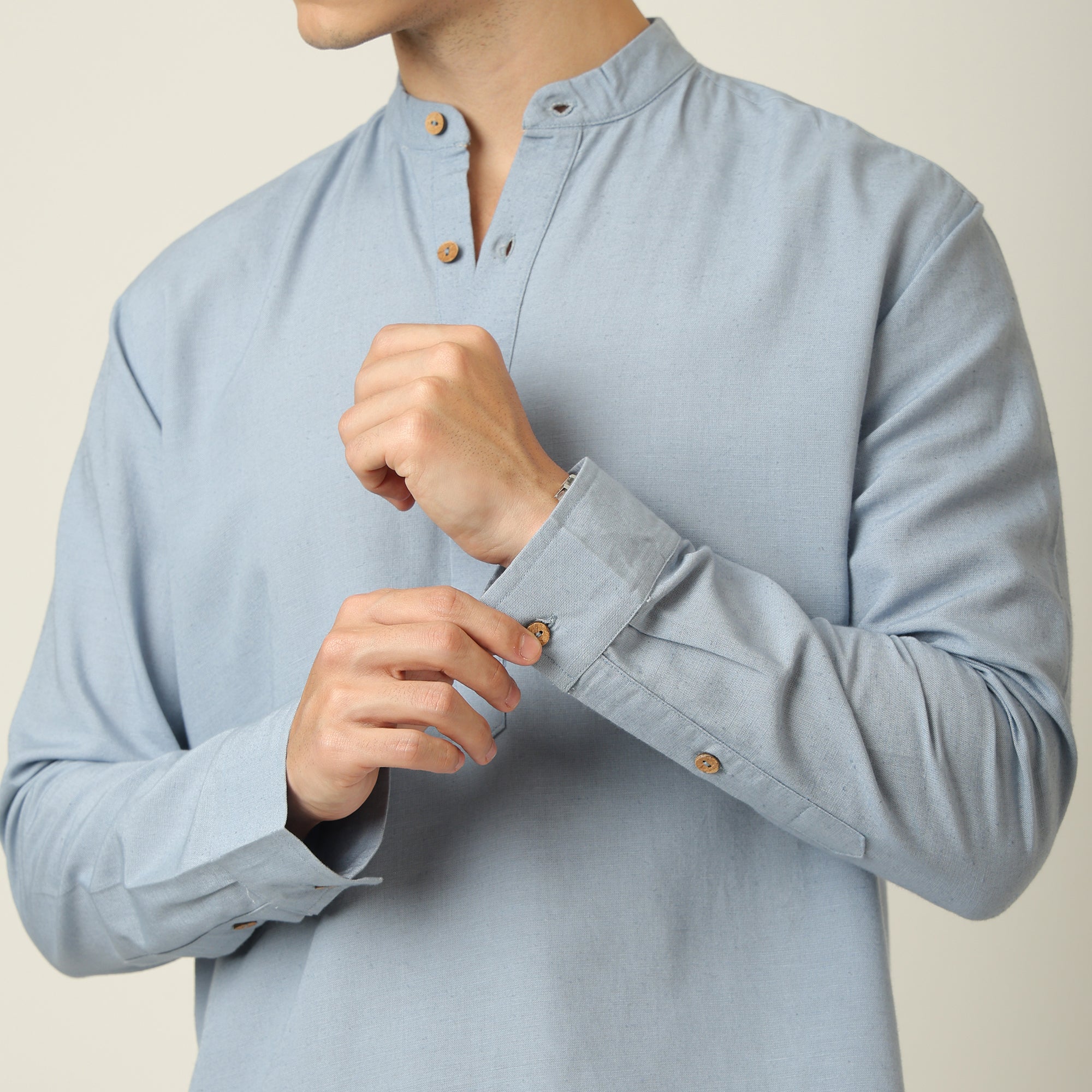 Indrazen Set of 2 - Mandarin Collar Diamond Popover Placket Shirt & Pleated Chinos – Dusty Blue & Navy Blue