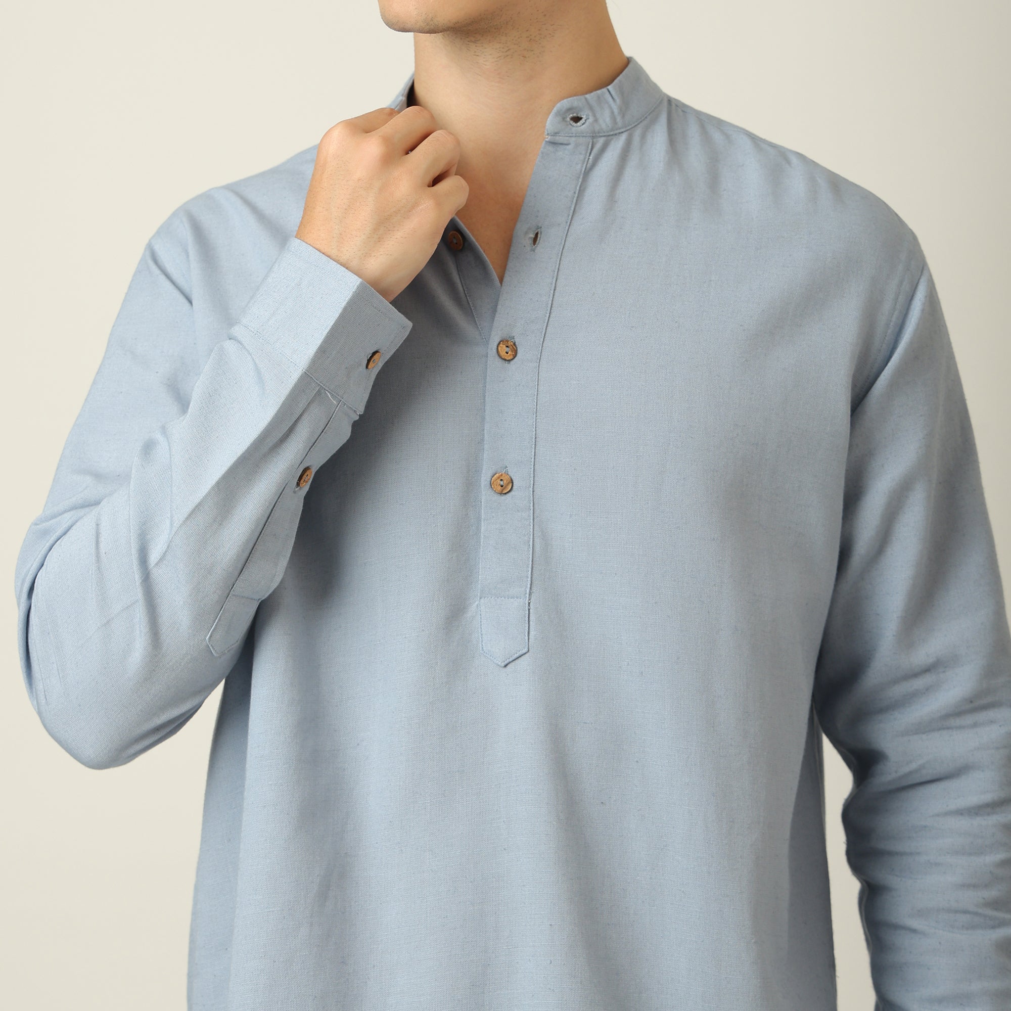 Indrazen Shirt - Relaxed Fit - Mandarin Collar - Diamond Popover Placket - Linen Blend Dusty Blue