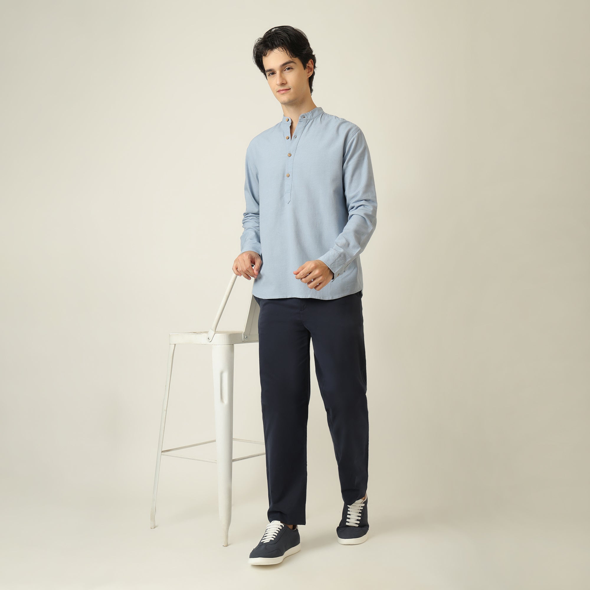 Indrazen Set of 2 - Mandarin Collar Diamond Popover Placket Shirt & Pleated Chinos – Dusty Blue & Navy Blue