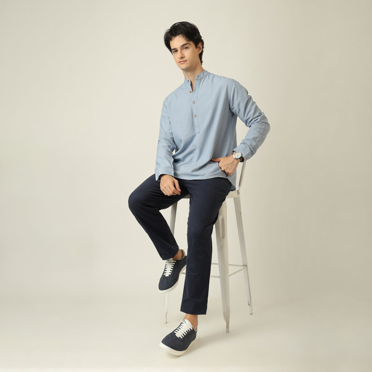 Indrazen Set of 2 - Mandarin Collar Diamond Popover Placket Shirt & Pleated Chinos – Dusty Blue & Navy Blue