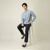 Indrazen Set of 2 - Mandarin Collar Diamond Popover Placket Shirt & Pleated Chinos – Dusty Blue & Navy Blue